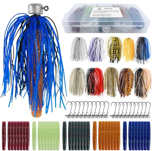 L PATTERN Ned Jighead Rig Set 71 stycken jigghuvuden fiskekrokar set med gummifiskar fiskedrag silikonförkläde abborre bete jiggkrok kit för saltvattenfisk och sötvattensfisk