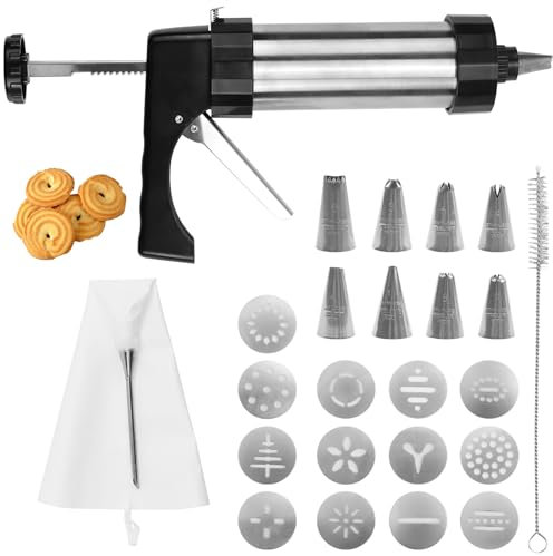 KOUHA Gebäckpresse, Teigspritze, Garnierspritze Edelstahl, Spritzgebäck Presse, Gebäckspritze, Kekspresse Set mit 13 Schablonen und 8 Tüllen, für DIY Plätzchen Backen, Torten Dekorieren