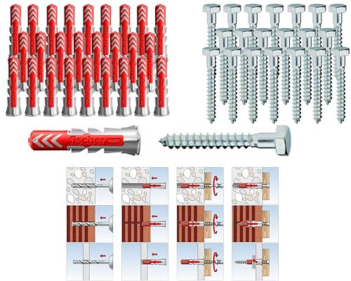Fischer DUOPOWER DÜBEL mit SCHRAUBEN und BIT, Universaldübel, leistungsstarker 2K-Dübel, zur Befestigung in Beton, Ziegeln, Stein, Gipsbauplatten (12x60mm + 8,0x90mm Sechskantschrauben, 10, Stück)