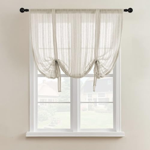 Lsimeru Gestreift Leinen Raffrollo Landhausstil Shabby mit Tunnelzug Raffgardinen Bändchenrollo Scheibengardinen Bistrogardine Rollos Kurz Gardinen Kurzvorhang Crème 140x140