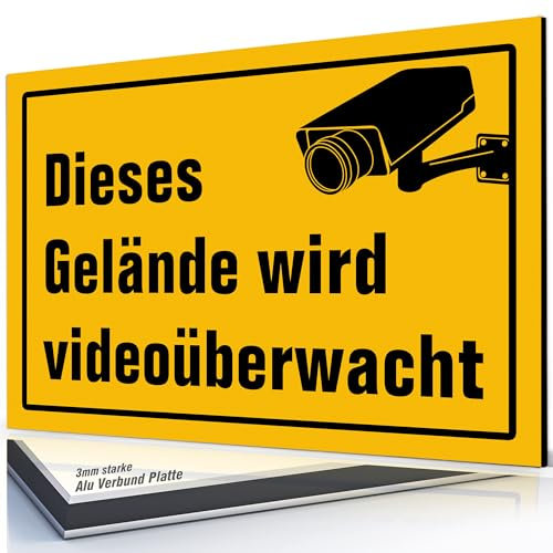 Achtung Videoüberwachung Schild 20x30 cm aus ALU Verbund Platte, 3mm - Wetterfest | Hinweis: Gelände wird videoüberwacht - Deutsche Qualität, Warnschild #AL-M0124