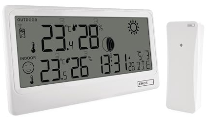 EMOS - Stazione meteo radio con sensore esterno - Temperatura interna/esterna, umidità, previsioni meteo - Orologio radio con sveglia, indicatore comfort - Supporto da parete - Funzionamento a