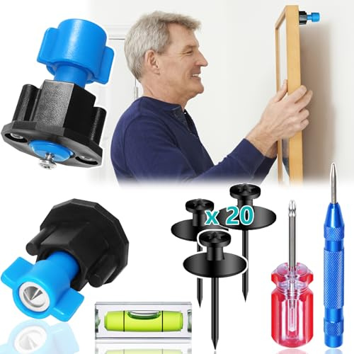 All-in-One Picture Hanging Kit with No-Measure Tool, Level and Center Punch | Fits Sawtooth, Keyhole, Wire and D-ring Hangers for Picture Frames, Mirrors, Canvas, Wall Art, Includes Screwdriver, 20 Nails