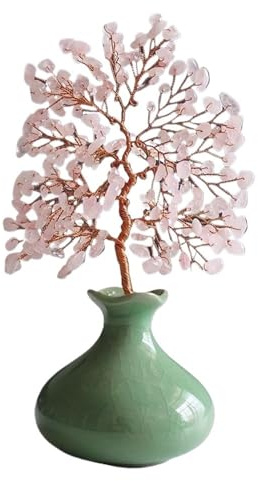 WANGHAI-666 Money Tree Edelstein-Geldbaum mit Kleiner Keramikvase, Reichtum anziehende Ornamente for Zuhause, Kristall-Glücksbaum fürs Büro Feng Shui Decor Tree(Pink)