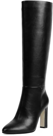 VIUGJNEX Womens Black Boots Chunky Heel Knee High Boots For Women Block High Heel Long Tall Heeled Black Boot Side Zipper Pointed Toe Faux Leather Boot For Women 2025 Trendy Fall Size 8