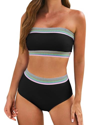 AMhomely My Order 2 Piece Bandeau Bikini Skirted Bikini Bottoms Strapless Tube Top Briefs Swimwear Crochet Bathsuits Sea Side Holiday Pool Party Modest Swimming Costume Today's Deals 01 Black S