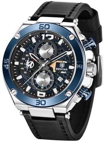 BENYAR Men's Watch Chronograph Quartz Movement Waterproof Wrist Watches for Men with Leather Strap Fashion Style Business Gift