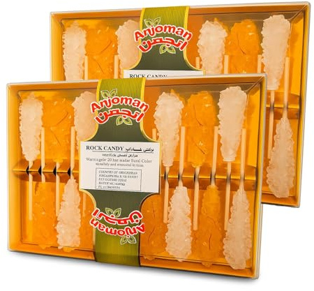 Anjoman Rock Candy Mix Pack Sticks - Pack of 2 x 20 Stick | Natural White & Saffron Sugar Crystal | Aromatic Nabat Chobi for Sweetening Beverages, Desserts & Ready to Eat Delicious Snack