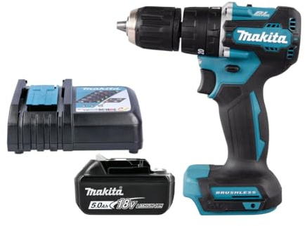 Makita DHP487RTX4 18V LXT Cordless Brushless 1/2 2-Speed Keyless Chuck Max 40Nm Combi Drill with 1 x 5.0Ah Battery & Charger