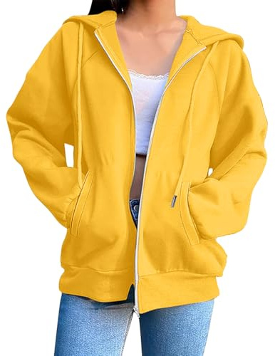 Hoodies for Women Plain Long Sleeve Full Zip Loose Fit Drawstring Pullover Sweatshirts Casual Fashion Autumn Winter Ladies Hoodie women's hoodies jumper Yellow 3XL