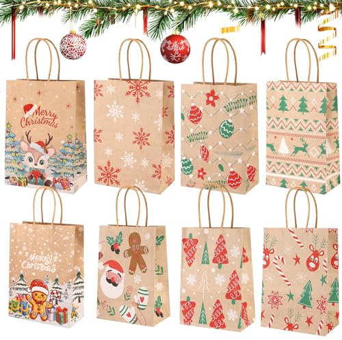 Lociban 16 Stück Geschenktüten Weihnachten, Weihnachtspapiertüten Mit Griffen, 21 x 15x 8cm, Kleine Geschenktüten Weihnachten, Kraftpapiertüten Zum Für Weihnachtsfeier, Geburtstagsfeier