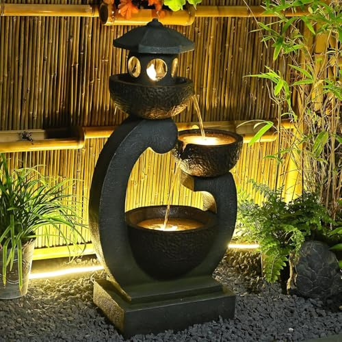Bumilgar 90CM Palace Lantern Water Feature Outdoor&Indoor, Zen Modern Garden Features, Floor-Standing Waterfall With Lights For Patio, Backyard, Deck, Porch, Home Decor, Gray