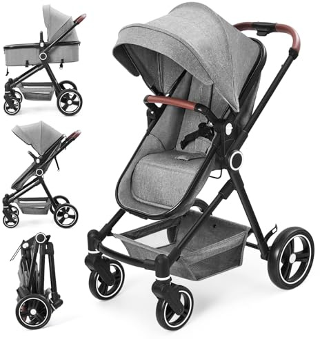 Baloveby Silla de Paseo Bebé 2 en 1 con Asiento y Cuna Ajustables, Carrito Bebé con Compacto y Ligero, Toldo Retráctil, Cesta de Almacenamiento, Cinturón de Seguridad y Amortiguadores (Gris)