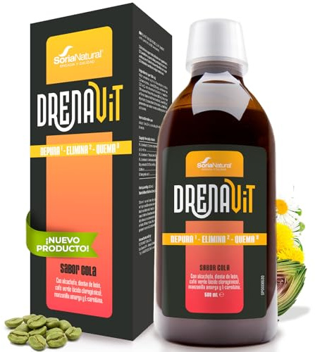 Drenante depurativo líquido - Alcachofa diente de león café verde L-carnitina manzanilla amarga - Apoya eliminación de líquidos - Fórmula detox sabor cola - Bote 500 ml - Soria Natural