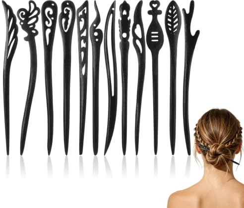 Wooden Hair Sticks 12 Pcs Chinese Chignon Hair Chopsticks Japanese Bun Maker Hairpins Vintage for Women, Handmade Hairs Forks Accessories for Long Hairs Bun Styling
