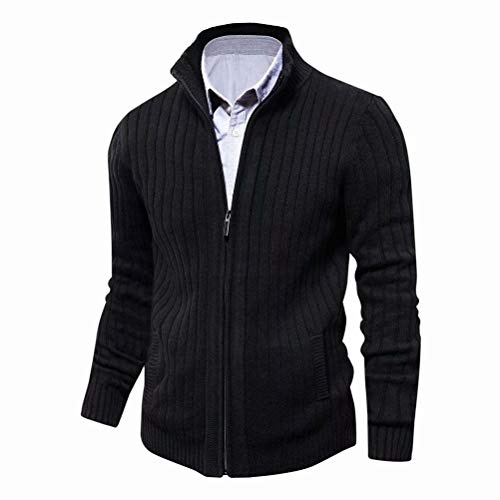 AOLI RAY Herren Strickjacke Stehkragen Cardigan mit Reißverschluß und Taschen Feinstrike Pullover Schwarz L