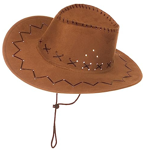 Brandsseller Cowboyhatt – västernhatt för kvinnor och män – mockautseende – karneval och karneval kostym tillbehör med hakrem – en storlek ljusbrun