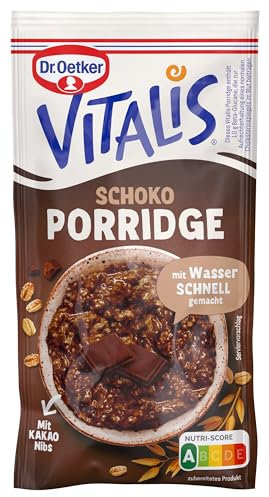 Dr. Oetker Vitalis Porridge Schokolade, 10 x 60 g, Mischung für Haferbrei mit Kakaonibs, schnell & einfach zubereitet, dezente Süße aus Agave, Idee fürs Frühstück