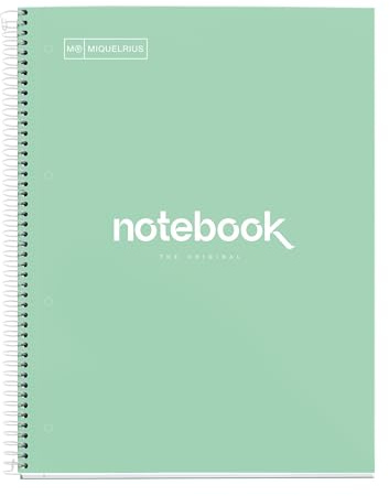 Miquelrius - Notizbuch A4 Punkte Notebook, 1 farbiger Streifen, 80 Blatt liniert mit Punkten (Dots), Papier 90 g/m² mikroperforiert mit 4 Bohrungen für 4 Ringe, Einband aus Karton, Farbe Mintgrün