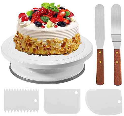 Soleebee 6-Teiliges Tortenplatte Drehbar Tortenständer Torten Dekoration Set mit 2 Stück Winkelpalette Set, 3 Stück Icing Smoother, Modellierwerkzeug für Torten Deko Backzubehör