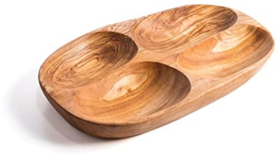 Darido Snackteller aus Olivenholz mit 4 Fächern, handgefertigte Servierplatte für Nüsse, Oliven, Dips und Tapas, ca. 28 x 16 cm