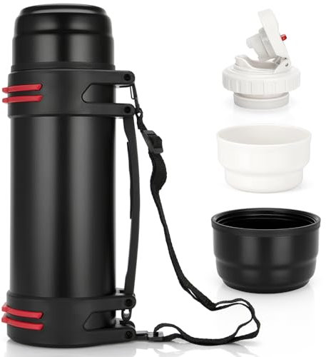 TELANKS Thermosflasche mit Becher 1 L, 1,5 L oder 2 L, Thermoskanne mit Becher, Trinkflasche Edelstahl Auslaufsicher, Isolierflasche Camping Oder Wandern mit Griff & Tragegurt, 24h Heiß & Kalt (1,5 L)