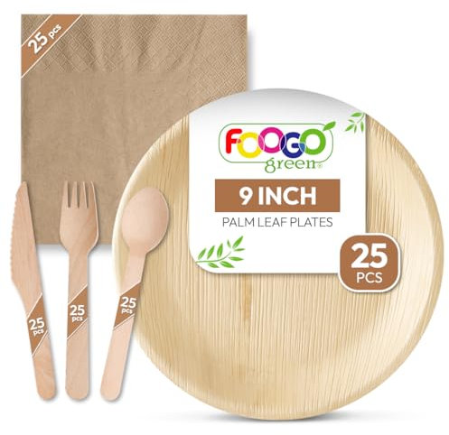 FOOGO Green 125pcs Disposable Palm Leaf Plates, Wooden Cutlery Set and Brown Napkins, FSC® Certified, 25x Large Round Plates, 25x Forks, 25x Knives, 25x Spoons, 25x Brown Napkins, Eco Biodegradable