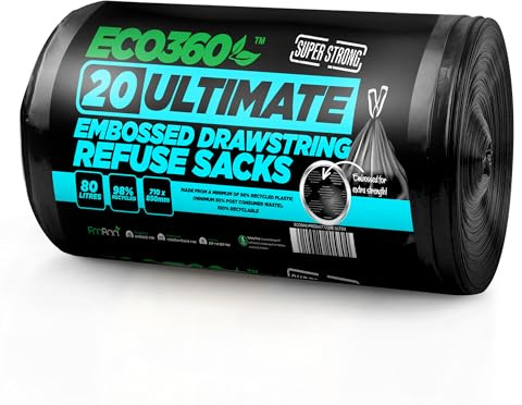 Ultimate Embossed Black Drawstring Bin Liner Bin Bag Refuse Sacks Heavy Duty - 80L Capacity | Made from 98% Recycled Material | 100% Recyclable (2x10 Pack)