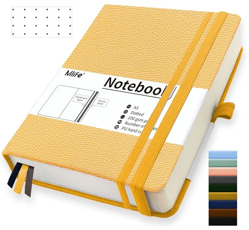 Mlife Cuaderno Punteado A5, 360 Páginas Y 100 G/M² De Papel Resistente A La Tinta, Cuadernos Con Bolsillo Plegable Para La Oficina, La Escuela, El Hogar, La Escritura Y Notas (Amarillo)