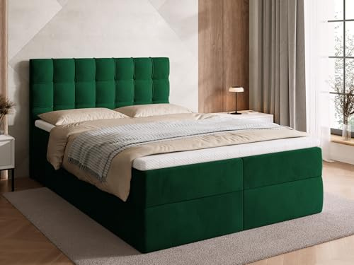 BROMARKT Boxspringbett 140x200cm mit Topper und Bettkasten H3 Grün | Doppelbett für Schlafzimmer mit Bonell Matratze Stauraum und gepolsterte Kopfstütze Bett Bed Einzelbett Federkern DETROIT