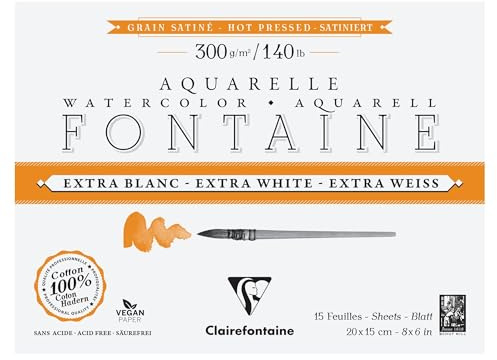 Clairefontaine 976018C - Block Aquarellpapier Fontaine extraweiß & satiniert, 4-seitig geleimt, 15 Blatt 300g 20x15 cm, 1 Stück