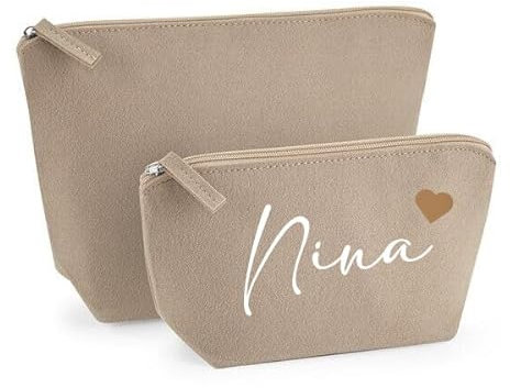 Kosmetiktasche personalisiert - Schminktasche Filz - Kosmetikbeutel mit Namen - Tasche mit Name und Herz - Filztasche - Geschenkidee (Sand, S)