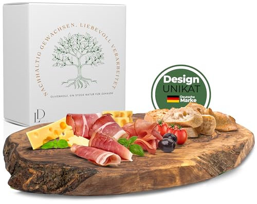 Leni Design | Olivenholzbrett | Brett aus Olivenholz | Schneidebrett | Deko | Brotzeitbrett aus Holz mit naturbelassenem Rand | Unikat | Handgefertigt (23-27cm)
