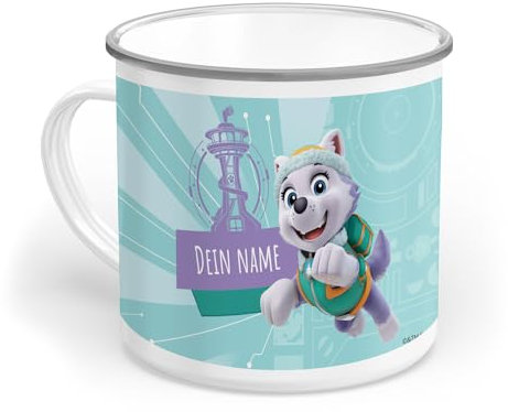 PICANOVA PAW Patrol Kindertasse mit Name Everest – Personalisierte Geschenke Kinder – Individuell Tasse Emaille 300 ml – Dauerhaft Paw Patrol Becher Ideal für Kinder