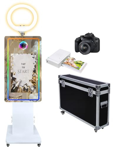 WideMeet 21,5 Zoll LCD-Touchscreen tragbarer magischer Spiegel Shell Ständer Selfie-Fotokabine für Hochzeitsparty Event Verleih (weiße Maschine, Fotokabinen-Maschine vollständiges Set)