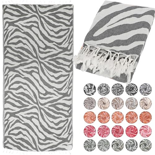 Lukkum® Oeko-Tex® Zebra Pattern Peshtemal Beach Towel, Sauna Towel, Bath Towel, Hammam Towel, Large Cotton Shower Towel, Hand Towel, Fouta, Pareo, Yoga Blanket, Sports Towel, Sarong, Black (Smokey