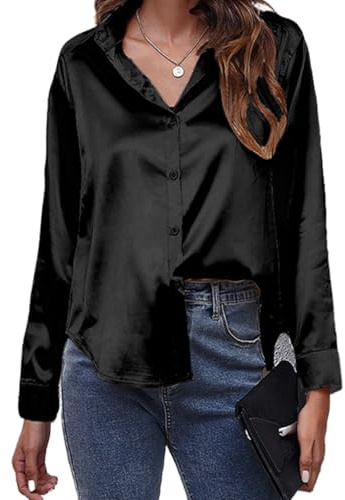 MOONSIROLI Satin Bluse Damen Langarm Casual Seidenbluse Elegant Langarmshirt Shirts Büro Button Down Hemd Top (Schwarz XL)