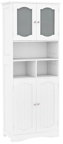 LIFEZEAL Mobile Bagno, Mobiletto Bagno Salvaspazio, 60x30x148,5cm, Armadietto Alto con Ante in Vetro e Ripiani Regolabili, Arredo Indipendente, Armadio Multiuso per Cucina e Soggiorno, Credenza Bianco