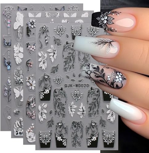 JMEOWIO Nagelsticker Schwarz Weiße Blume 6 Blatt Nail Art Sticker Selbstklebend Nagelaufkleber Frühling Sommer Floral Dekoration Nageldesign Zubehör