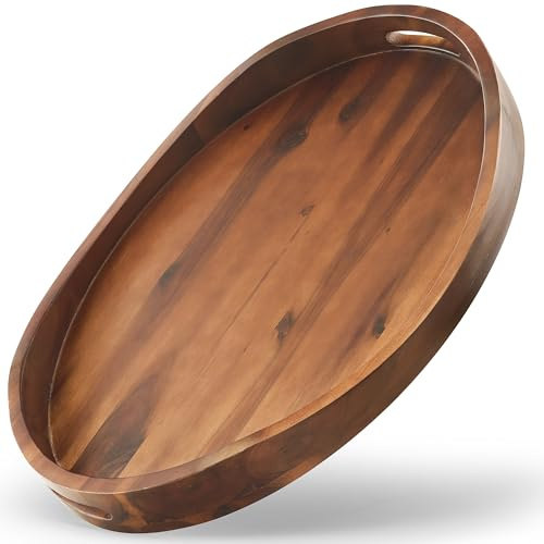 TIDITA Acacia Wood Ottoman Tray with Handles - 20 x 15 Round - Large Oval Serving Trays for Living Room -Wooden Trays Decorative for Kitchen Counter, Coffee Table, Breakfast in Bed (Walnut Color)