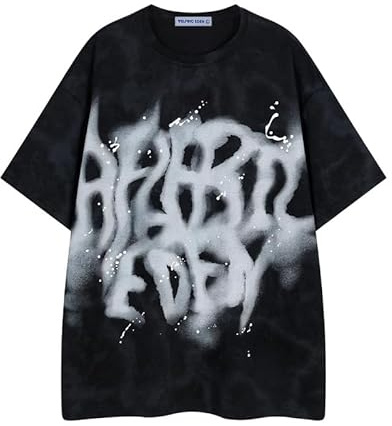 Aelfric Eden Herren Washed Tshirt Damen Abstrakt Print T-Shirt Unisex Oversized Graphic Shirts Summer Freizeit Tee Y2k Muster Oberteil Streetwear Schwarz, S