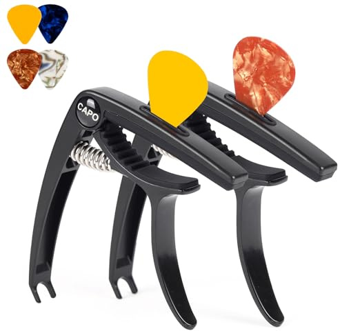 AARVI Professioneller 6-saitiger Gitarren-Kapodaster für Akustik- und E-Gitarren – Gitarrenzubehör mit Universalklemme & 4 Premium-Plektren – kompatibel mit Ukulele, Mandoline, Banjo (2P Schwarz)
