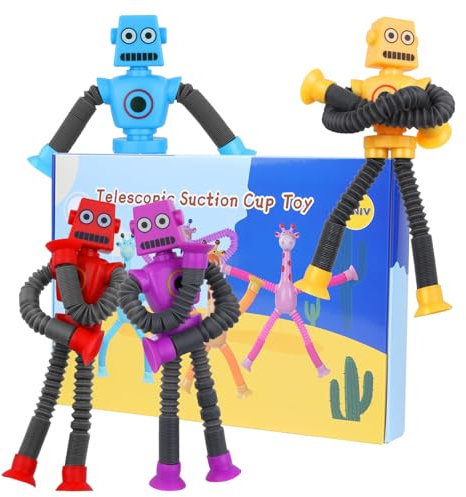 Ainiv 4 Stück Teleskop-Saugnapf Roboter Spielzeug, Sensorisches Roboter Spielzeug, Telescopic Suction Cup Roboter Toy, Lustiges Pädagogisches Stressabbau-Spielzeug für Kinder und Erwachsene