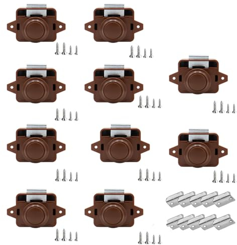 TOOSOAR 10 Piezas Cerradura de Pestillo con BotóN Pulsador,Cerradura de mueble 14-16mm,para Rv, Barco, Yate, Autocaravana, Armario, Puerta, Armario(Marrón completo)
