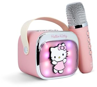 Hello Kitty Mini LED Wireless Karaoke Speaker with Bluetooth Microphone, Pink, Colour-Changing Lights