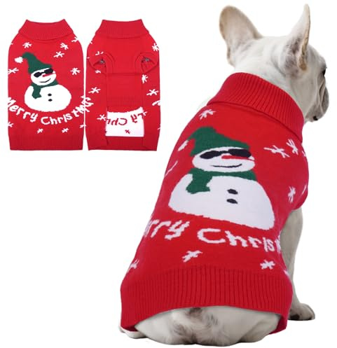 Hjumarayan Hundepullover Weihnachten - Warmer Winter Weihnachtspullover, Dicken Pullover Hund Mittelgroße, Weihnachtspulli mit Geschirr Öffnung für Schlank Französische Bulldogg, Rot L