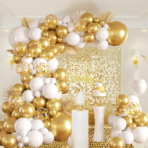 Gold and White Balloon Arch Kit, 113pcs White Gold Balloon Garland With Golden Confetti Latex Balloons for Wedding, Engagemwnt, Birthday, Baby Shower, Prom, Anniversary Party Decoration