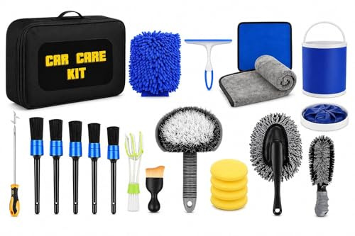 PLUSHA Car Cleaning Kit 21Pcs with 11L Foldable Bucket – Complete Car Wash Kit for Interior & Exterior – Car Detailing Kit with 6 Brushes – Car Cleaning Tools & Car Care Gift Set for Men & Women
