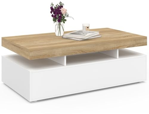 IDMarket – Mesa baja rectangular Elsa de 2 cajones en madera blanca con bandeja estilo haya