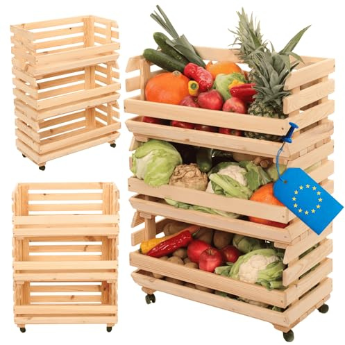MODO24 Modular Holzregal für Gemüse & Obst auf Rollen, Stapelbares Regalsystem aus Kiefernholz, 3 Holzkisten, Kartoffelsteige, Küchenregal, Vorratsregal, Gemüseregal, Abm. 81x57x30 cm, Fargbe: Natur
